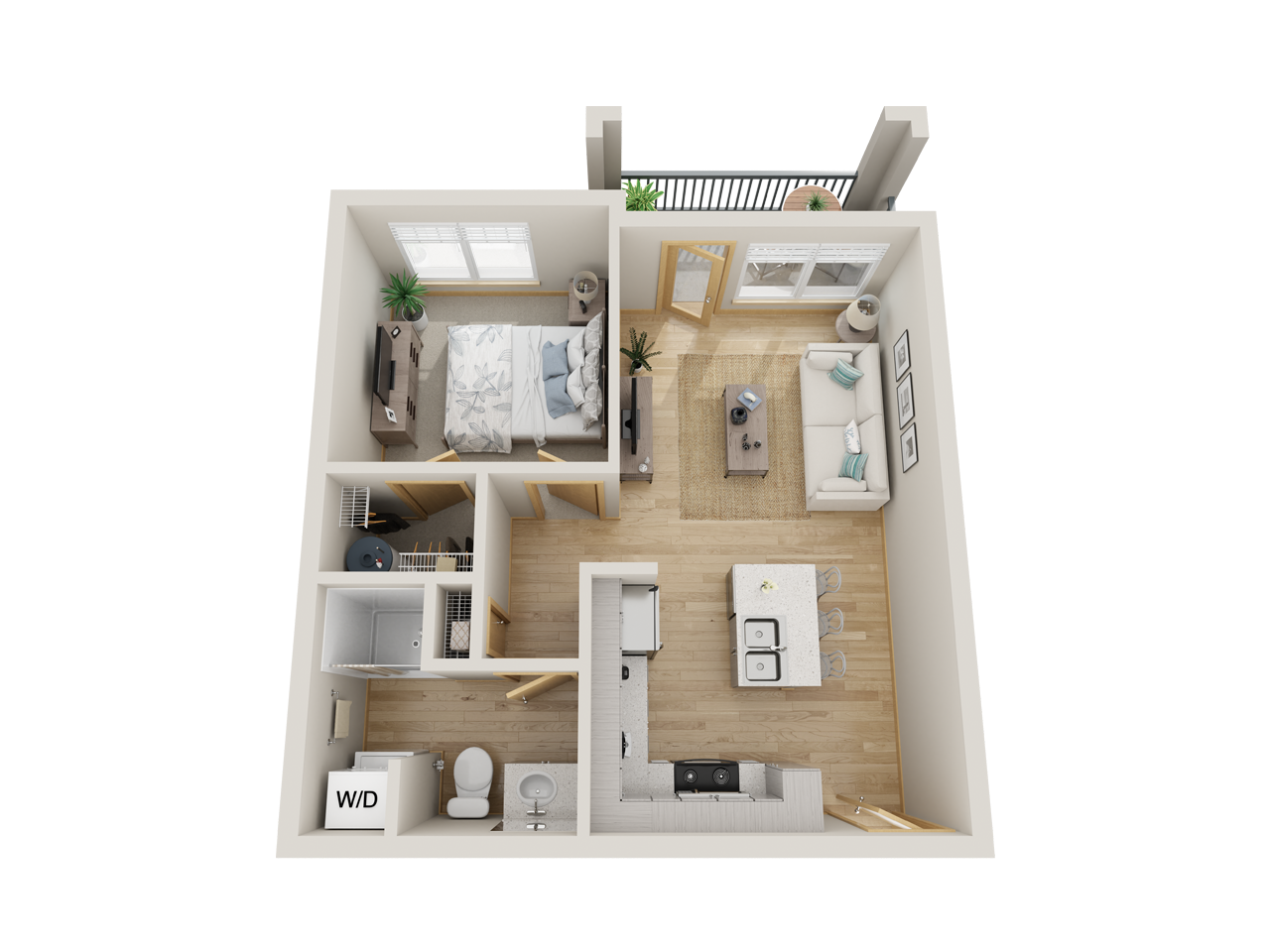 Floor plan for 1 bed, 1 bath, 586 sqft